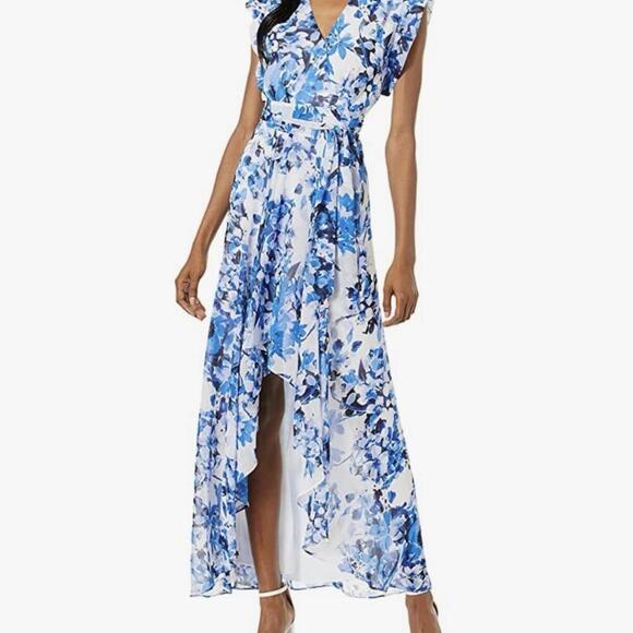 Eliza J Size 14 White Blue Floral High-Low Maxi Dress Sash Tie Waist - Picture 1 of 15